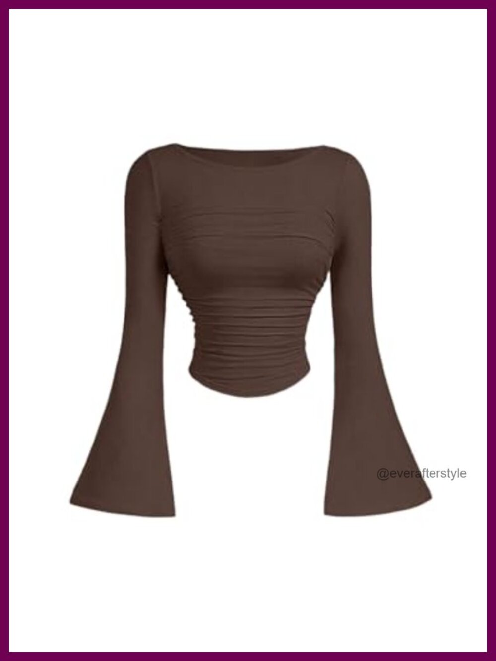 Women's Long Bell Sleeve Ruched Boat Neck Slim Fit Casual T-Shirt